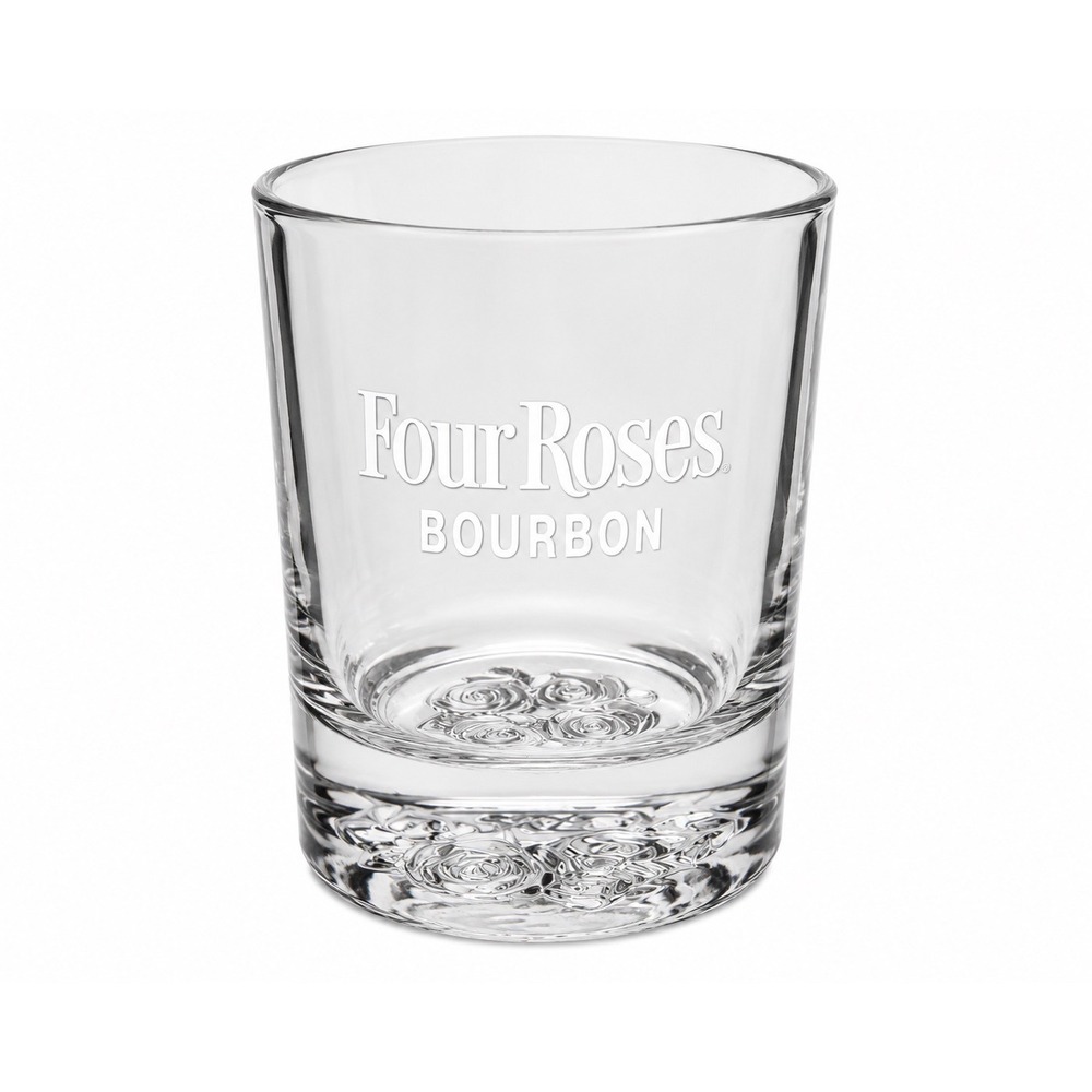 Four Roses Bourbon Rocks Glass Heavy Bottom Embossed Rose Base Etched Logo Clear